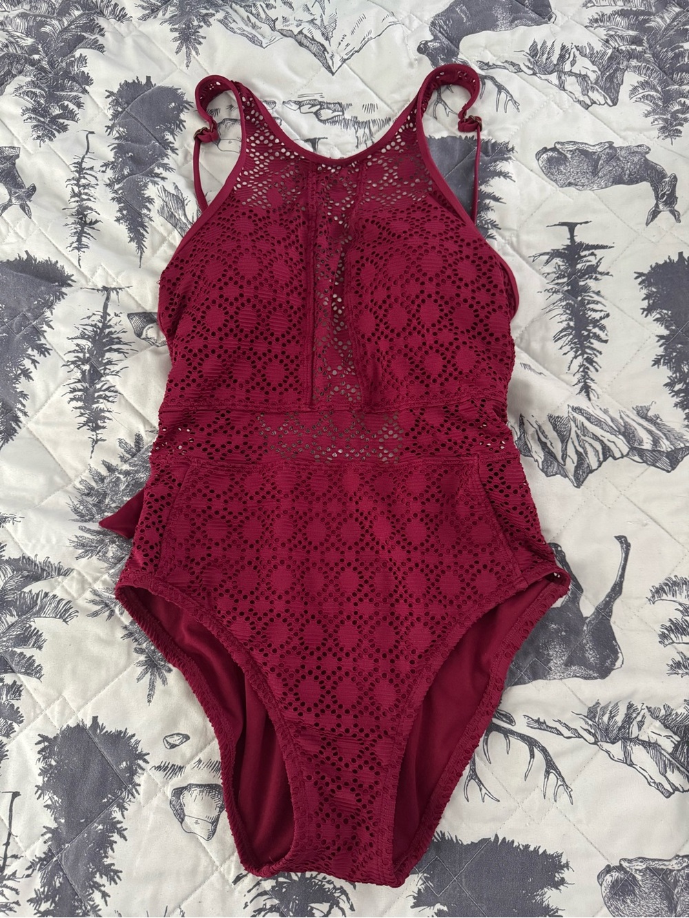 Crochet High-Neck One-Piece Swimsuit - Burgundy